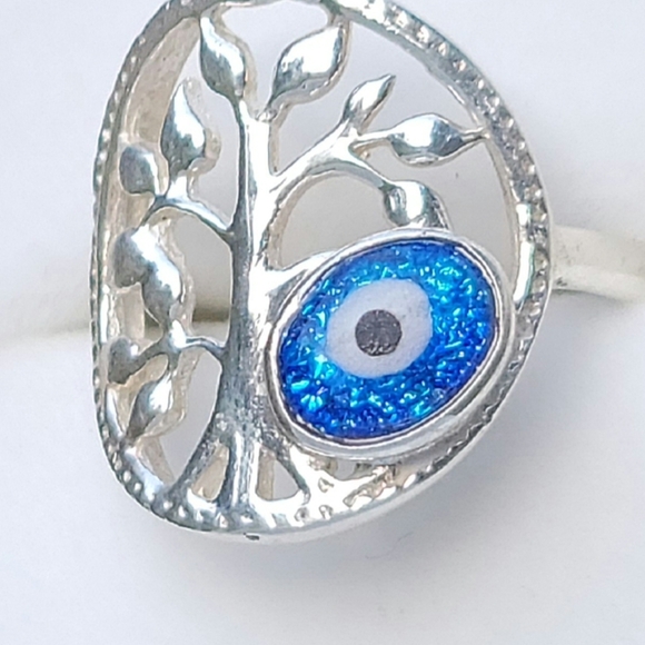 Hand Crafted Tree of Life Evil Eye Protection Ring 925 Sterling Silver - Picture 4 of 10